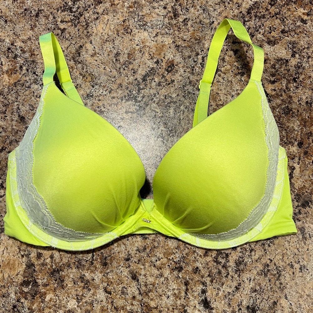 Victoria’s Secret Fabulous Plunge Push Up Bra Neon Yellow Size 34D EUC